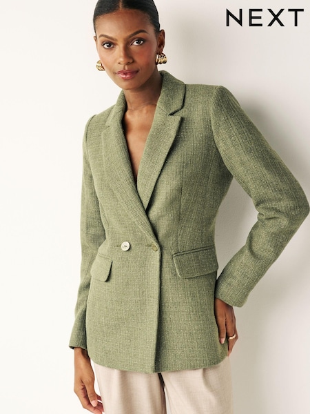 Sage Green Bouclé Fitted Double Breasted Blazer (N38098) | €20