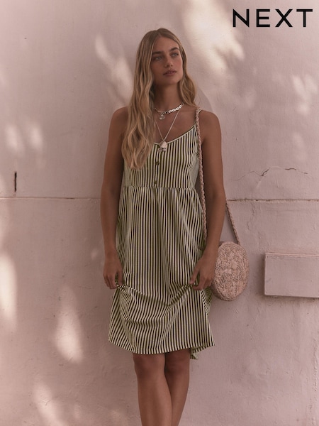 Khaki Green/White Button Down 100% Cotton Cami Summer Dress (N38111) | $30