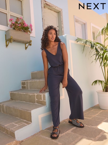 Azul marino - Jersey Wide Leg V-neck Sleeveless Jumpsuit (N38112) | 38 €