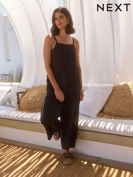 Black Premium 100% Linen Romper Wide Leg Jumpsuit (N38115) | €26
