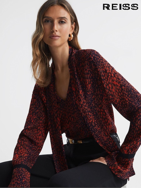 Reiss Red Phillipa Animal Print Neck Tie Blouse (N38221) | €57
