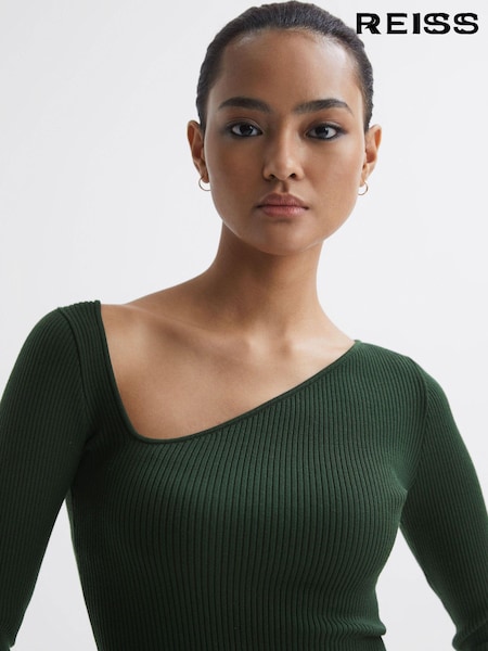 Reiss Green Sasha Fitted Ribbed Asymmetric Neck T-Shirt (N38230) | €128