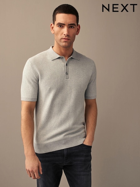 Grey Regular Fit Knitted Waffle Textured 100% Cotton Polo Shirt (N38324) | €6