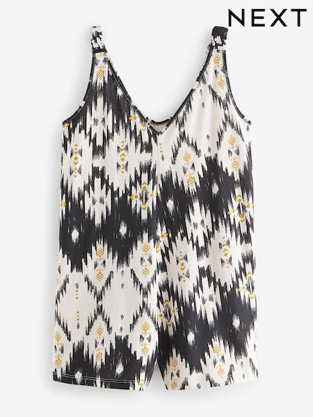 Black/White Print V-Neck Jersey Romper 100% Cotton Rich Playsuit (N38807) | AED58