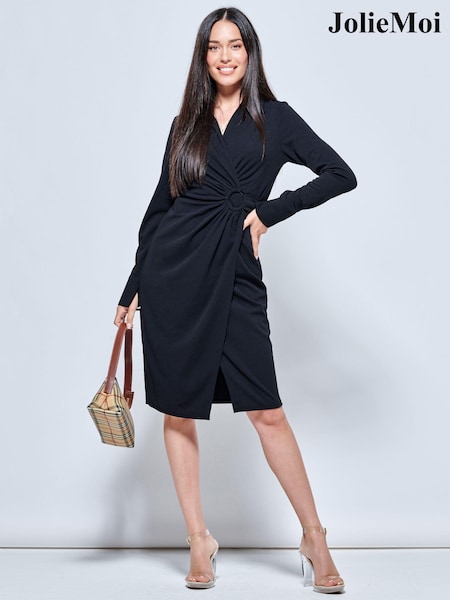 Jolie Moi Black Plain Wrap Front Buckle Shirt Dress (N39077) | 136 QAR