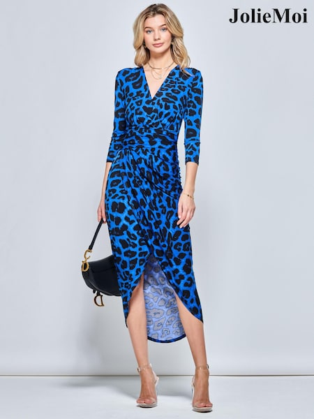 Jolie Moi Blue/ Black Print Wrap Front Bodycon Maxi Dress (N39114) | AED189