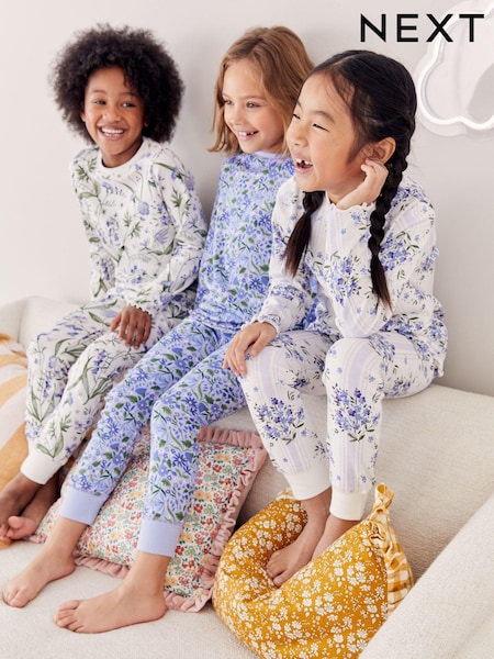 Blue/White Bluebell 100% Cotton Floral Snuggle Pyjamas 3 Pack (9mths-16yrs) (N39301) | AED85 - AED124