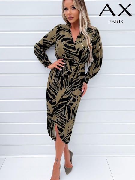 AX Paris Print Wrap Collared Black and Khaki Midi Dress (N39739) | €13