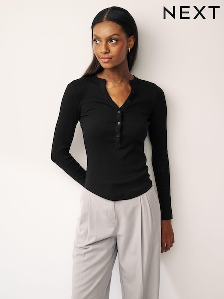 Black Ribbed Button Detail Long Sleeve Henley Top (N39916) | €22