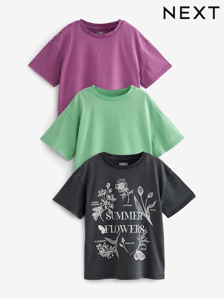 Charcoal/Purple/Green Washed Graphic 3 Pack Oversized T-Shirts (3-16yrs) (N40066) | €9 - €13