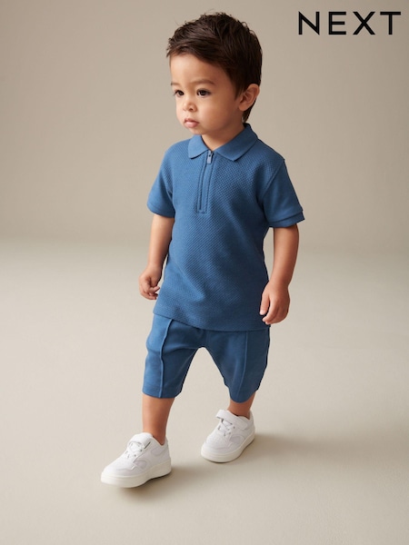 أزرق - Quarter Zip Polo 100% Cotton Shirt and Shorts Set (3mths-7yrs) (N40093) | ‏39 د.إ.‏ - ‏ 53‏ د.إ.