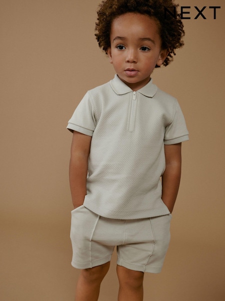 Grey Quarter Zip Polo 100% Cotton Shirt and Shorts Set (3mths-7yrs) (N40097) | AED39 - AED53