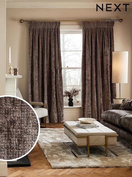 Mink Brown Next Collection Luxe Plush Chenille Pencil Pleat Lined Curtains (N40149) | €59 - €132