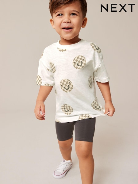Ecru White/Brown 100% Cotton T-Shirt And Cycling Shorts Set (3mths-7yrs) (N40210) | €5 - €6.50