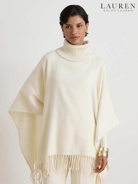 Cream - Lauren Ralph Lauren Knitted Roll Neck Fringe Trim Cape Poncho