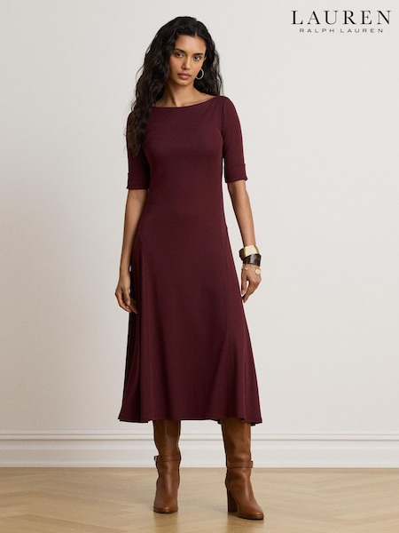 Red - Lauren Ralph Lauren Munzie Rib Knit Stretch Cotton Midi Dress