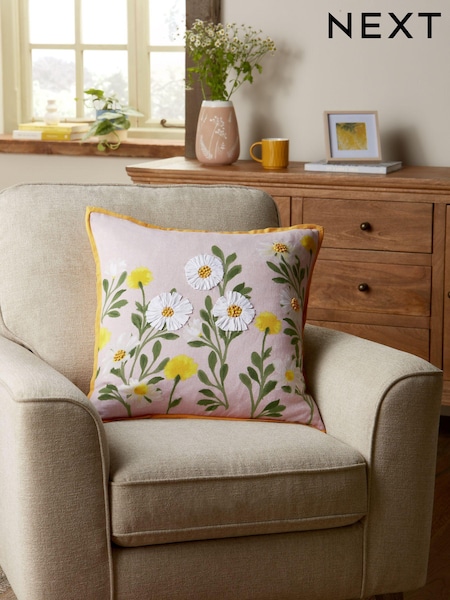 Ochre Yellow 50 x 50cm Ribbon Embellished Daisy 100% Cotton Cushion (N40511) | 61 QAR