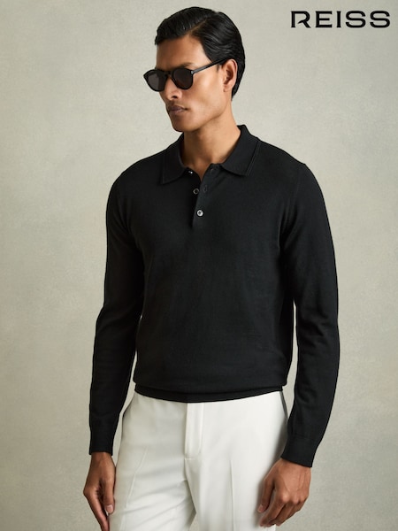 Reiss Black Trafford Merino Wool Polo Shirt (N40591) | $195