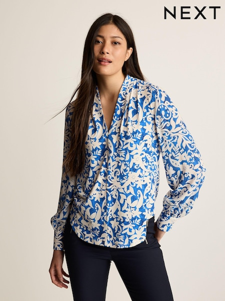 Kobaltblau/Ecru-Creme/Print - Long Sleeve V-Neck Cuff Blouse (N40824) | 9 €