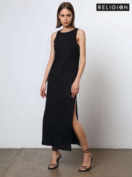 Religion Black Fitted Halter Neck Beaded Jersey Maxi Dress (N41165) | €38