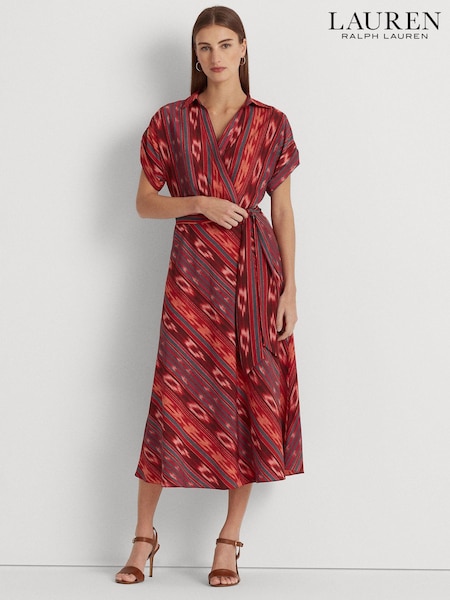 Lauren Ralph Lauren Dark Pink Geo Striped Fratillio Belted Crepe Dress (N41274) | €175