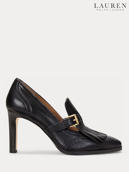 Black - Lauren Ralph Lauren Colleen Glazed Leather Fringe Detail Heel