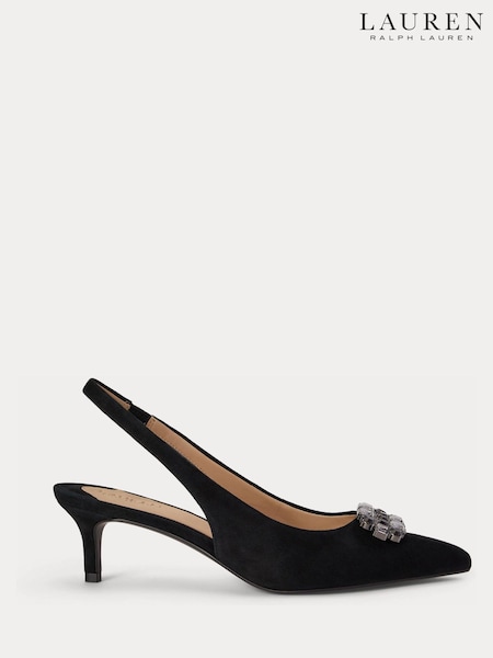 Black - Lauren Ralph Lauren Lolah Suede Kitten Heel Jewelled Slingback