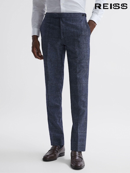 Reiss Indigo Barrett Slim Fit Wool-Linen Check Trousers (N42248) | €241