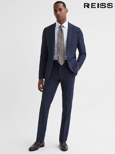 Reiss Indigo City Slim Fit Wool Checked Trousers (N42249) | AED1,066