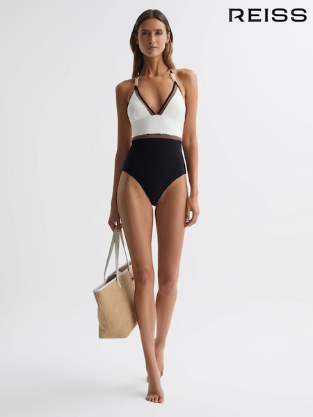 Reiss White/Tan Ray Colourblock Halter Swimsuit (N42255) | PKR 51,100