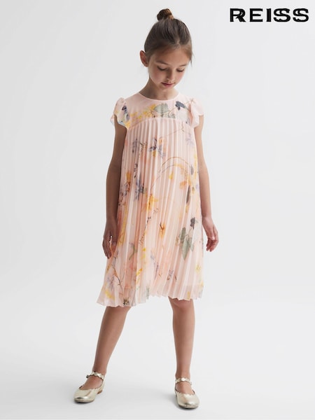 Reiss Pink Sade 9-14 yrs Floral Pleated Cap Sleeve Dress (N42256) | 522 QAR