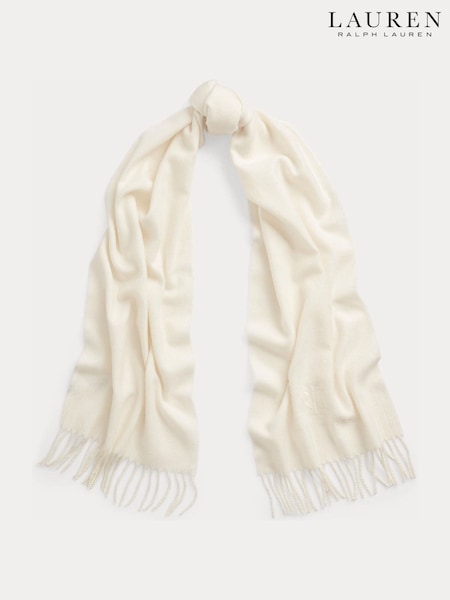 Crème - Lauren Ralph Lauren Wool And Cashmere Blend Logo Embroidery Fringed Scarf