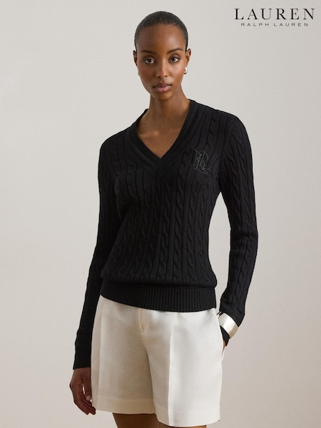 Crno - Lauren Ralph Lauren Meren Cotton Blend V-neck Sweater With Crest