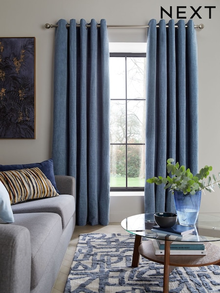 Blue Flint Heavyweight Chenille Eyelet Lined Curtains (N42557) | R$ 590 - R$ 1,520