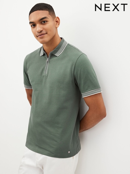 Sage Green Tipped Short Sleeve 100% Cotton Textured Quarter Zip Polo Shirts (N42701) | AED65