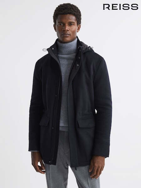 Reiss Navy Torino Wool Blend Removable Hooded Coat (N43007) | €505