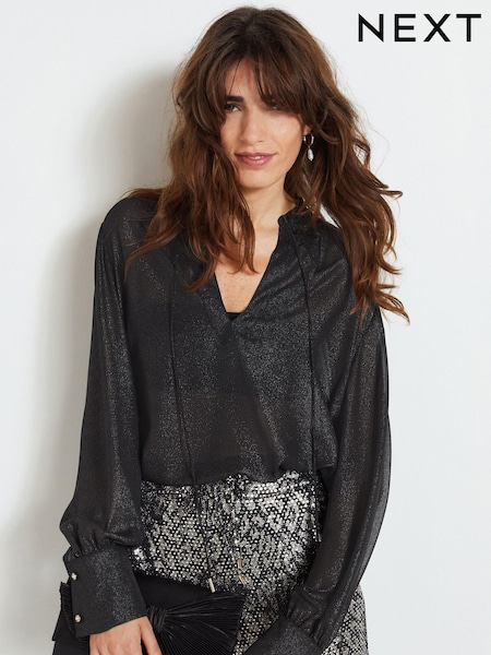 Schwarz mit Paisleymuster - Black Sparkle Tie Neck Blouse (N43516) | 12 €