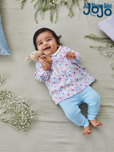 JoJo Maman Bébé Blue Girls' Peter Rabbit Floral Tunic With Collar & Rib Leggings Baby Set (N43954) | €47