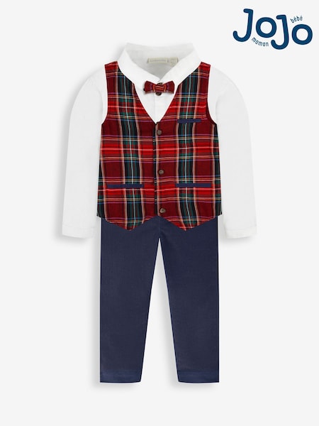 JoJo Maman Bébé Navy Boys' Tartan Waistcoat, Shirt & Cord Trousers Set With Bow Tie (N44040) | AED230