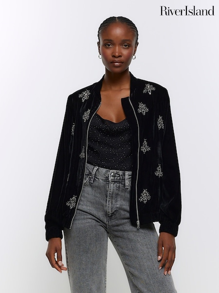 River Island Black Velvet Embellished Bomber Jacket (N44408) | €43