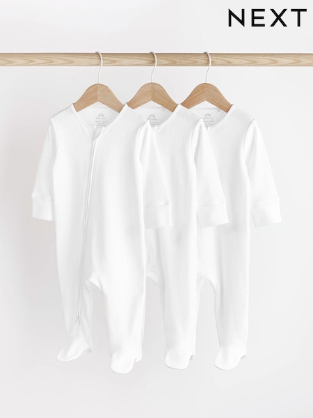 White Essential Zipped 100% Cotton Baby Sleepsuits 3 Pack (0-3yrs) (N44489) | AED61 - AED71
