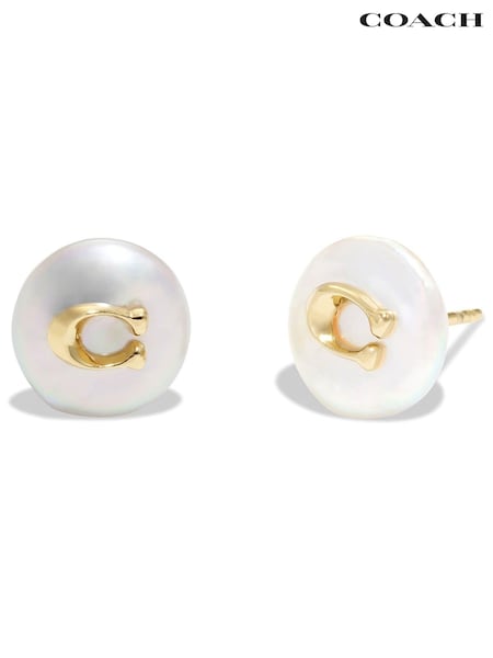 Coach Gold Tone Signature Coin Pearl Stud Earrings (N44549) | ‏201‏₪