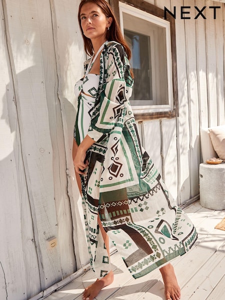 White Geo Maxi Beach Shirt Cover-Up (N45001) | €6