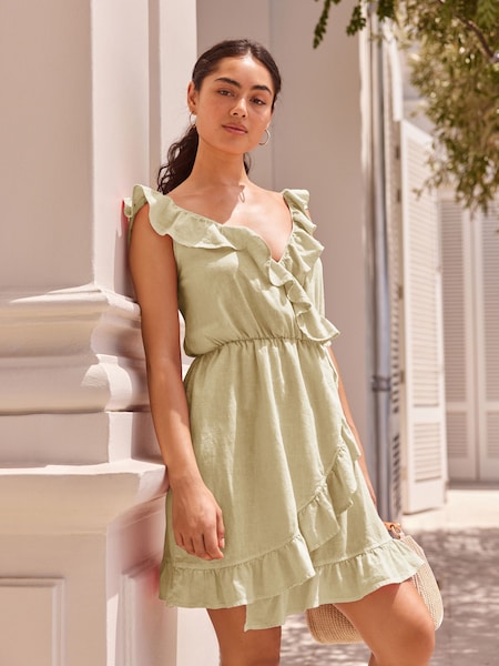Washed Khaki Green Mini Wrap Summer Dress (N45005) | €7