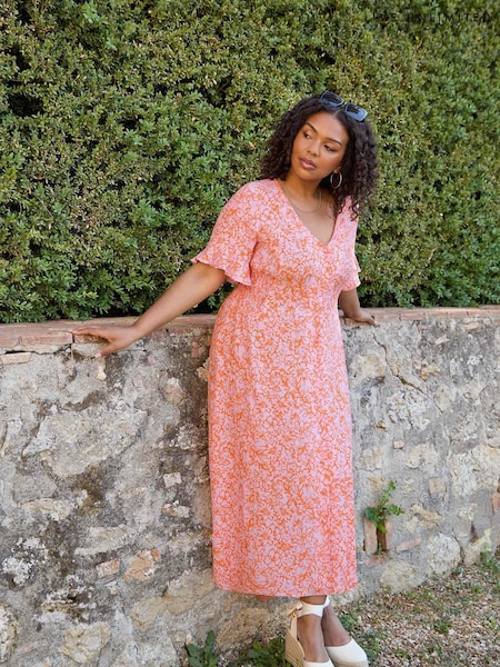 Live Unlimited Orange Linear Floral Shirred Waist Midi Dress (N45103) | €37