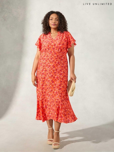 Live Unlimited Curve Red Floral Flutter Sleeve Dress (N45181) | €46