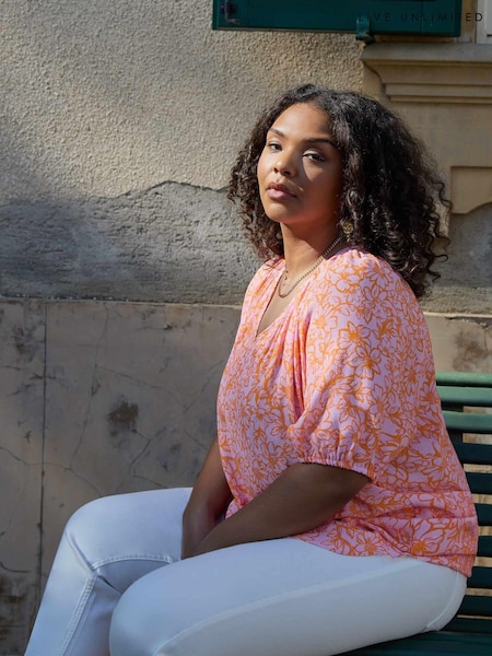 Live Unlimited Curve Orange Linear Floral Short Sleeve Blouse (N45185) | €25