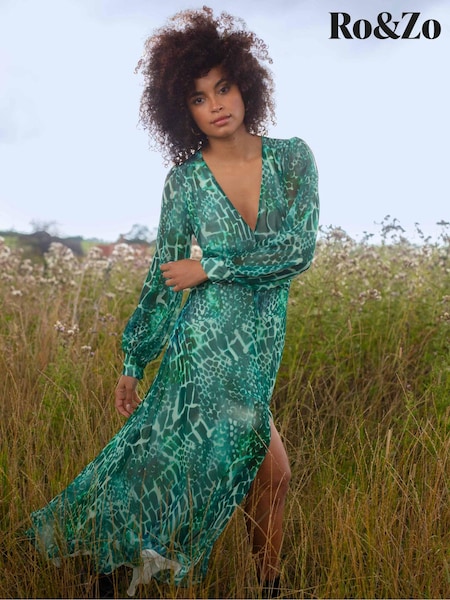 Ro&Zo Green Mix Animal Print Wrap Midi Dress (N45813) | €89