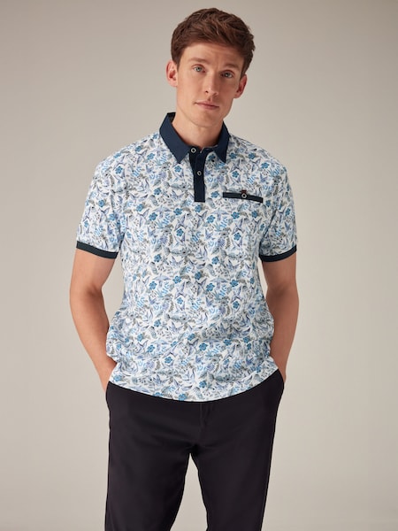 Blue White Floral 100% Cotton Short Sleeve Print Polo Shirt (N46062) | €16