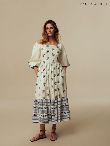 Laura Ashley White Square Neck Border Dress (N46117) | €26